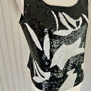 Irka Vintage Silk Sequins Abstract Black & White Tank Top Party